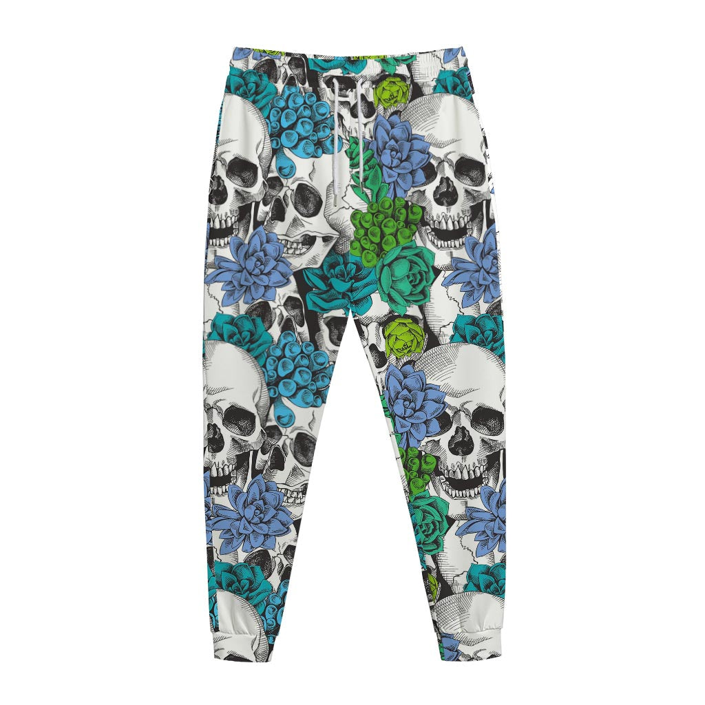 Green Blue Flowers Skull Pattern Print Jogger Pants