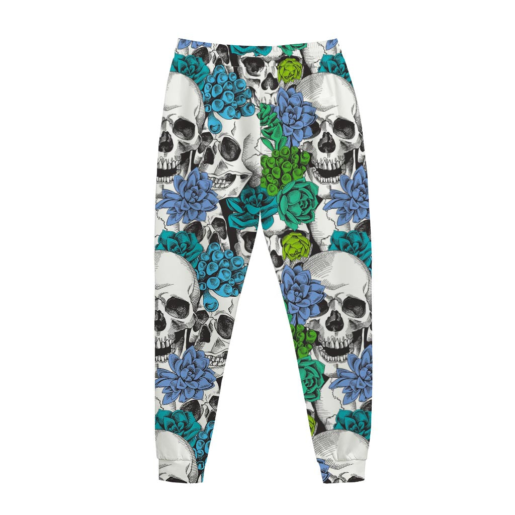 Green Blue Flowers Skull Pattern Print Jogger Pants
