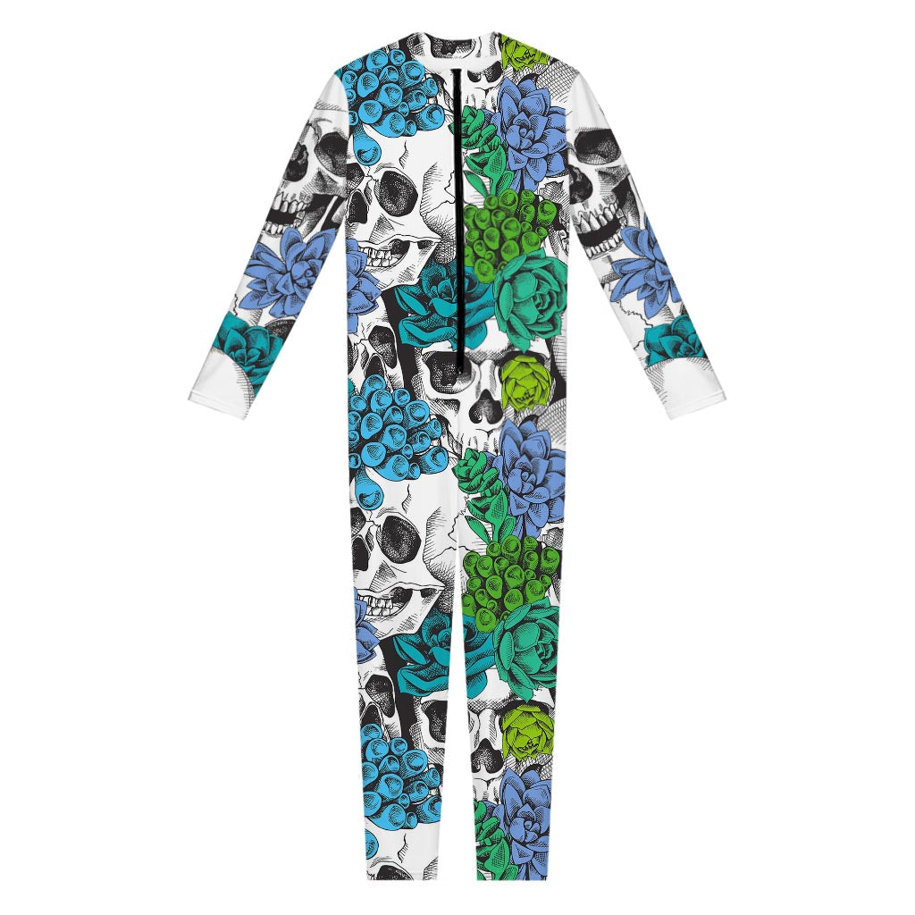 Green Blue Flowers Skull Pattern Print Jumpsuit