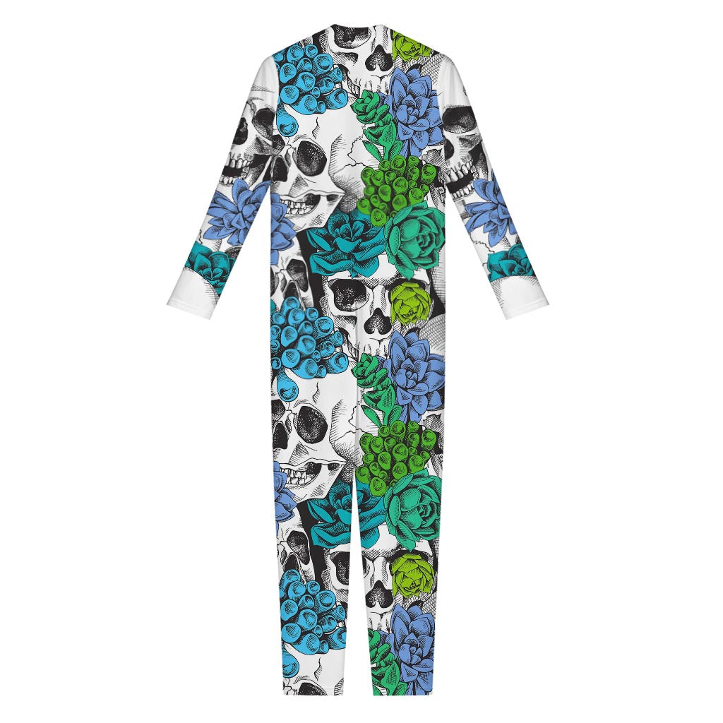 Green Blue Flowers Skull Pattern Print Jumpsuit