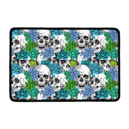 Green Blue Flowers Skull Pattern Print Kitchen Mat