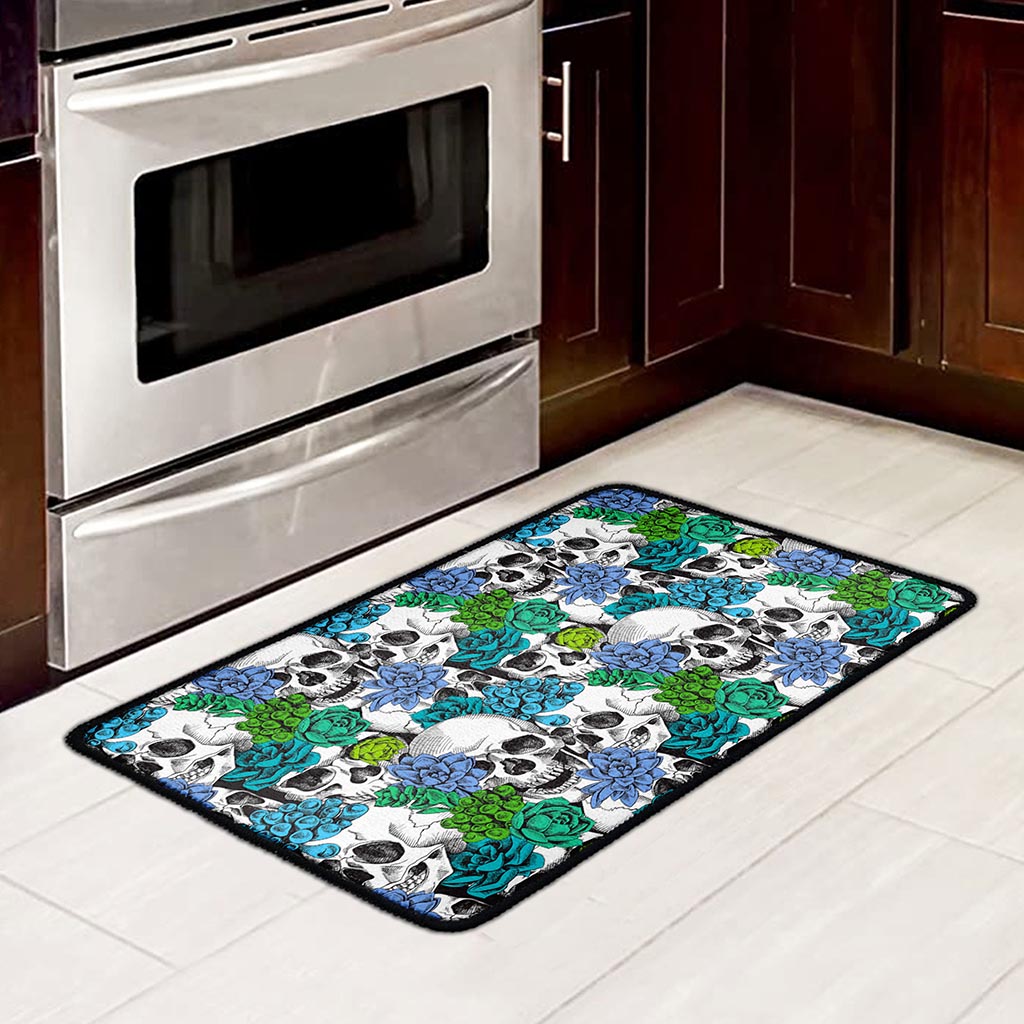 Green Blue Flowers Skull Pattern Print Kitchen Mat