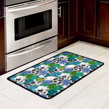 Green Blue Flowers Skull Pattern Print Kitchen Mat