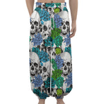 Green Blue Flowers Skull Pattern Print Lantern Pants