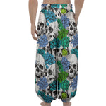 Green Blue Flowers Skull Pattern Print Lantern Pants