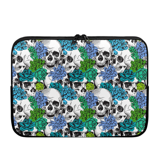 Green Blue Flowers Skull Pattern Print Laptop Sleeve