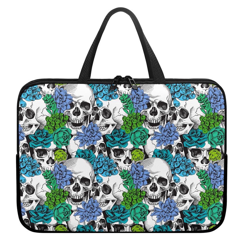 Green Blue Flowers Skull Pattern Print Laptop Sleeve With Handle