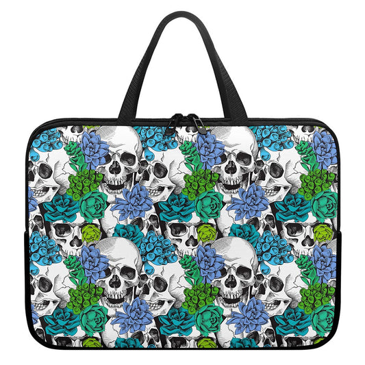 Green Blue Flowers Skull Pattern Print Laptop Sleeve With Handle