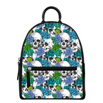 Green Blue Flowers Skull Pattern Print Leather Backpack