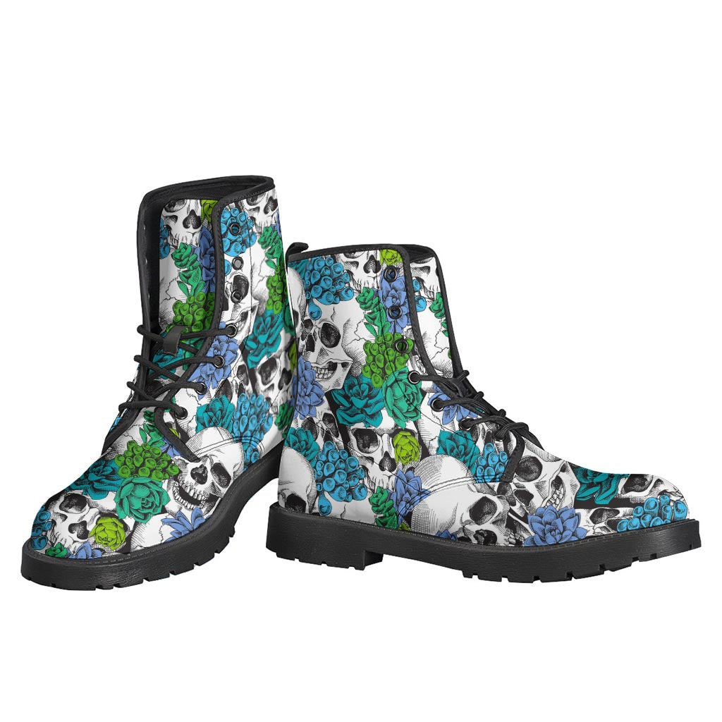 Green Blue Flowers Skull Pattern Print Backpack