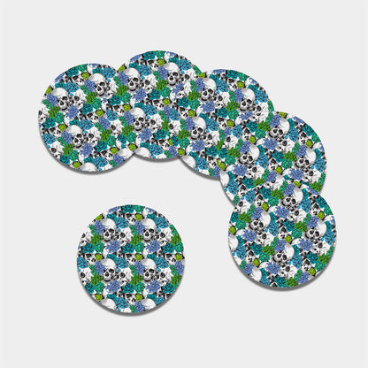 Green Blue Flowers Skull Pattern Print Leather Coaster Set