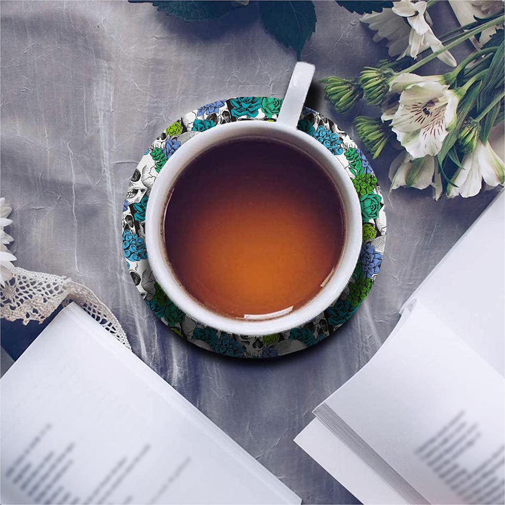 Green Blue Flowers Skull Pattern Print Leather Coaster Set