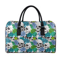 Green Blue Flowers Skull Pattern Print Leather Duffel Bag