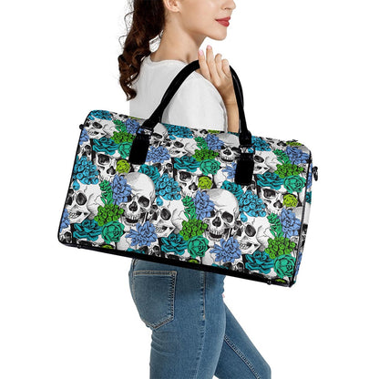 Green Blue Flowers Skull Pattern Print Leather Duffle Bag