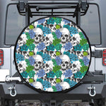 Green Blue Flowers Skull Pattern Print Leather Spare Tire Cover