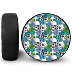 Green Blue Flowers Skull Pattern Print Leather Spare Tire Cover