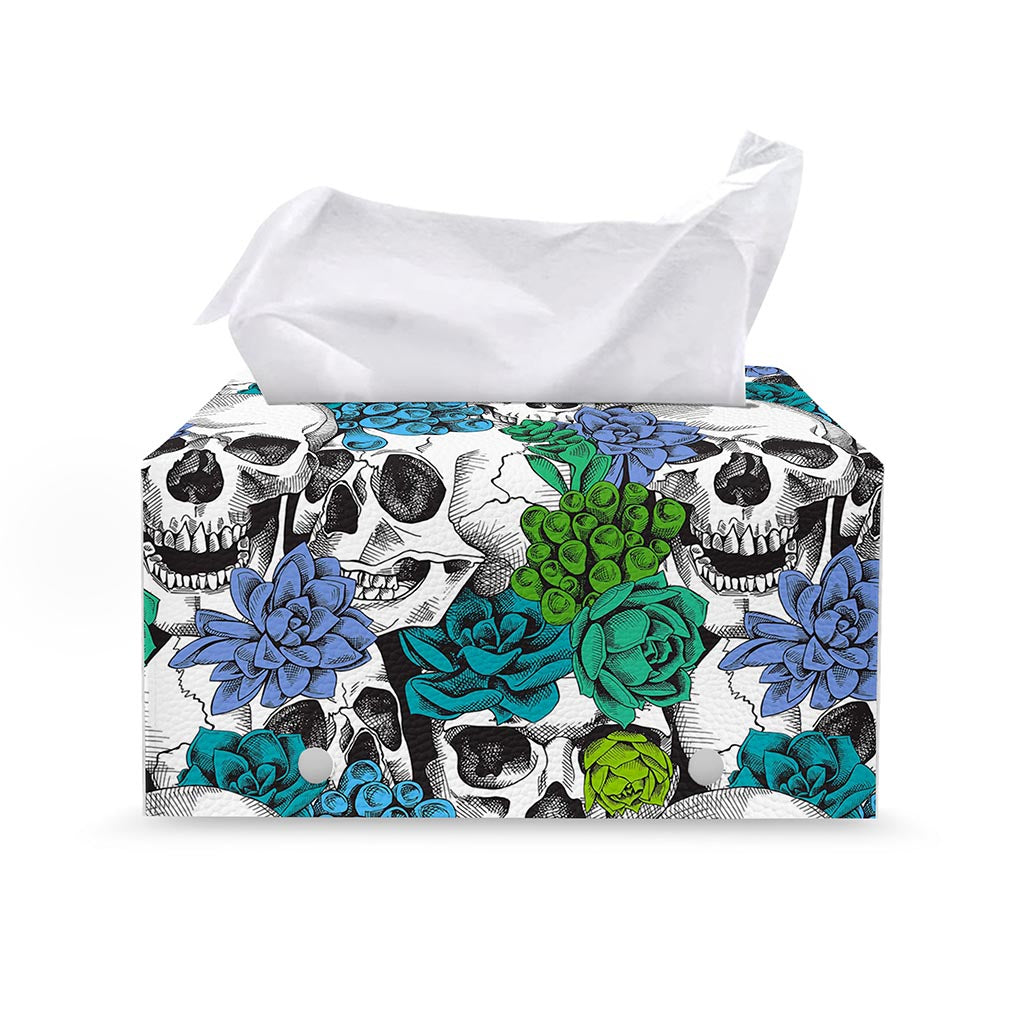 Green Blue Flowers Skull Pattern Print Leather Tissue Box Cover