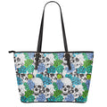 Green Blue Flowers Skull Pattern Print Leather Tote Bag With Zipper