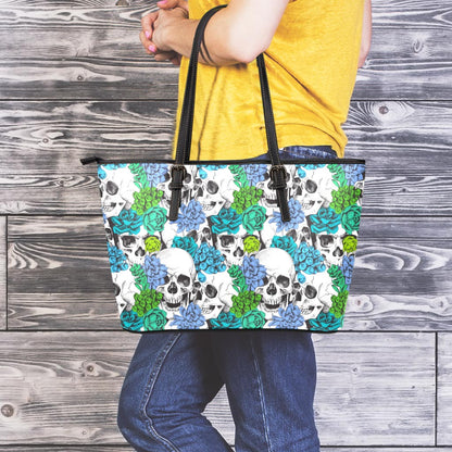 Green Blue Flowers Skull Pattern Print Leather Tote Bag