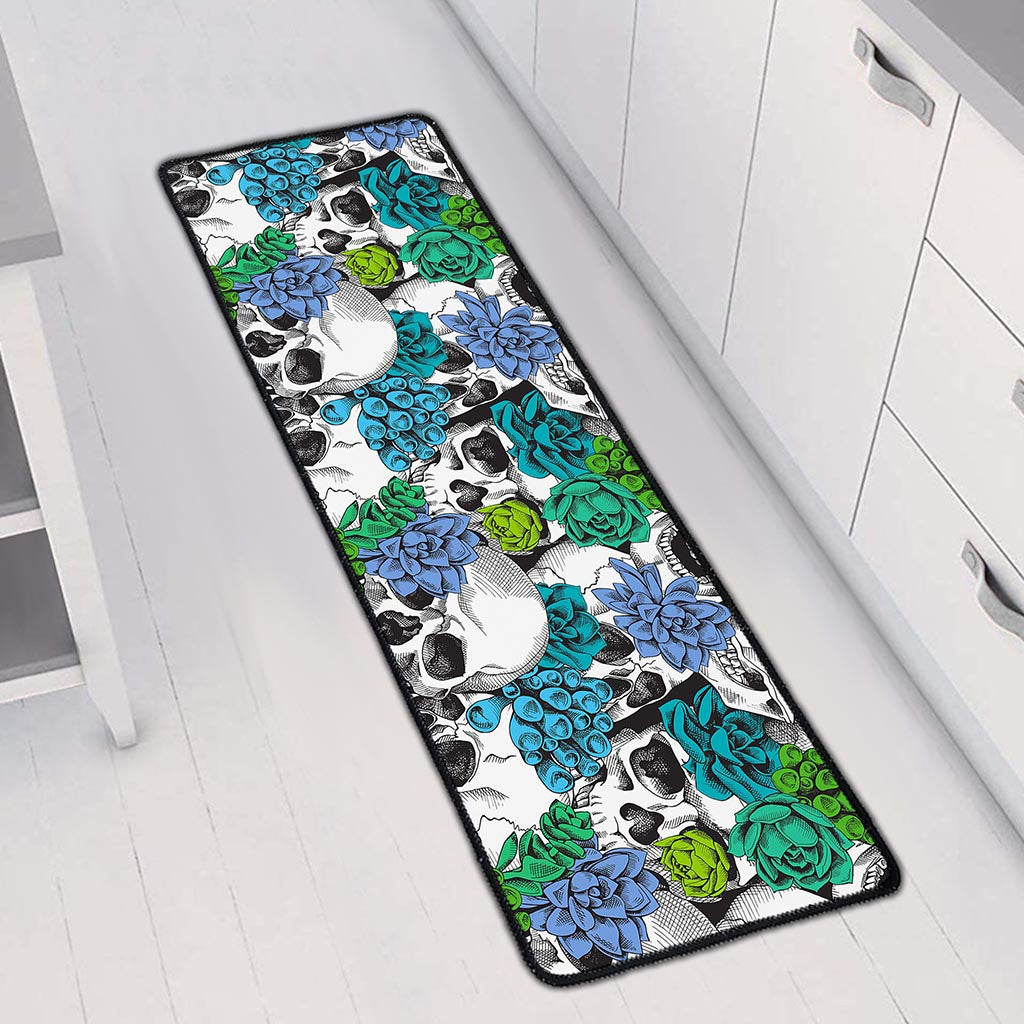 Green Blue Flowers Skull Pattern Print Long Kitchen Mat
