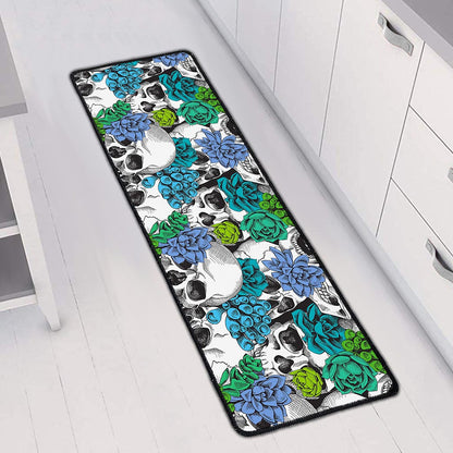 Green Blue Flowers Skull Pattern Print Long Kitchen Mat