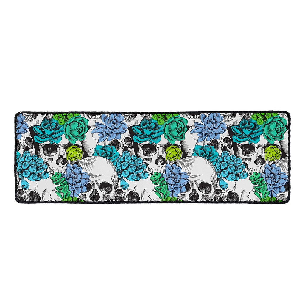 Green Blue Flowers Skull Pattern Print Long Kitchen Mat