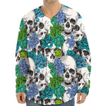 Green Blue Flowers Skull Pattern Print Long Sleeve Baseball Jersey