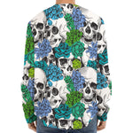 Green Blue Flowers Skull Pattern Print Long Sleeve Baseball Jersey