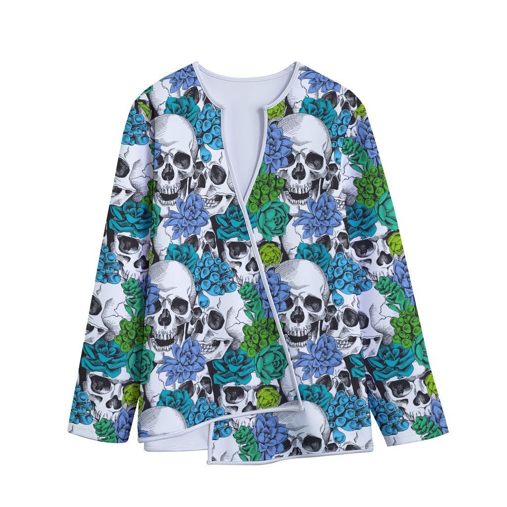 Green Blue Flowers Skull Pattern Print Long Sleeve Short Coat