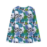Green Blue Flowers Skull Pattern Print Long Sleeve Short Coat