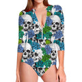 Green Blue Flowers Skull Pattern Print Long Sleeve Swimsuit