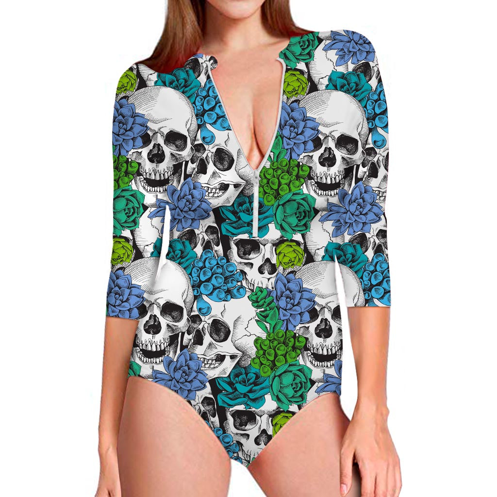 Green Blue Flowers Skull Pattern Print Long Sleeve Swimsuit