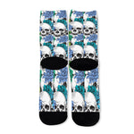 Green Blue Flowers Skull Pattern Print Long Socks