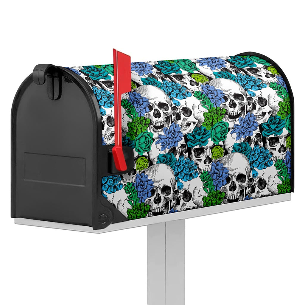 Green Blue Flowers Skull Pattern Print Mailbox Cover