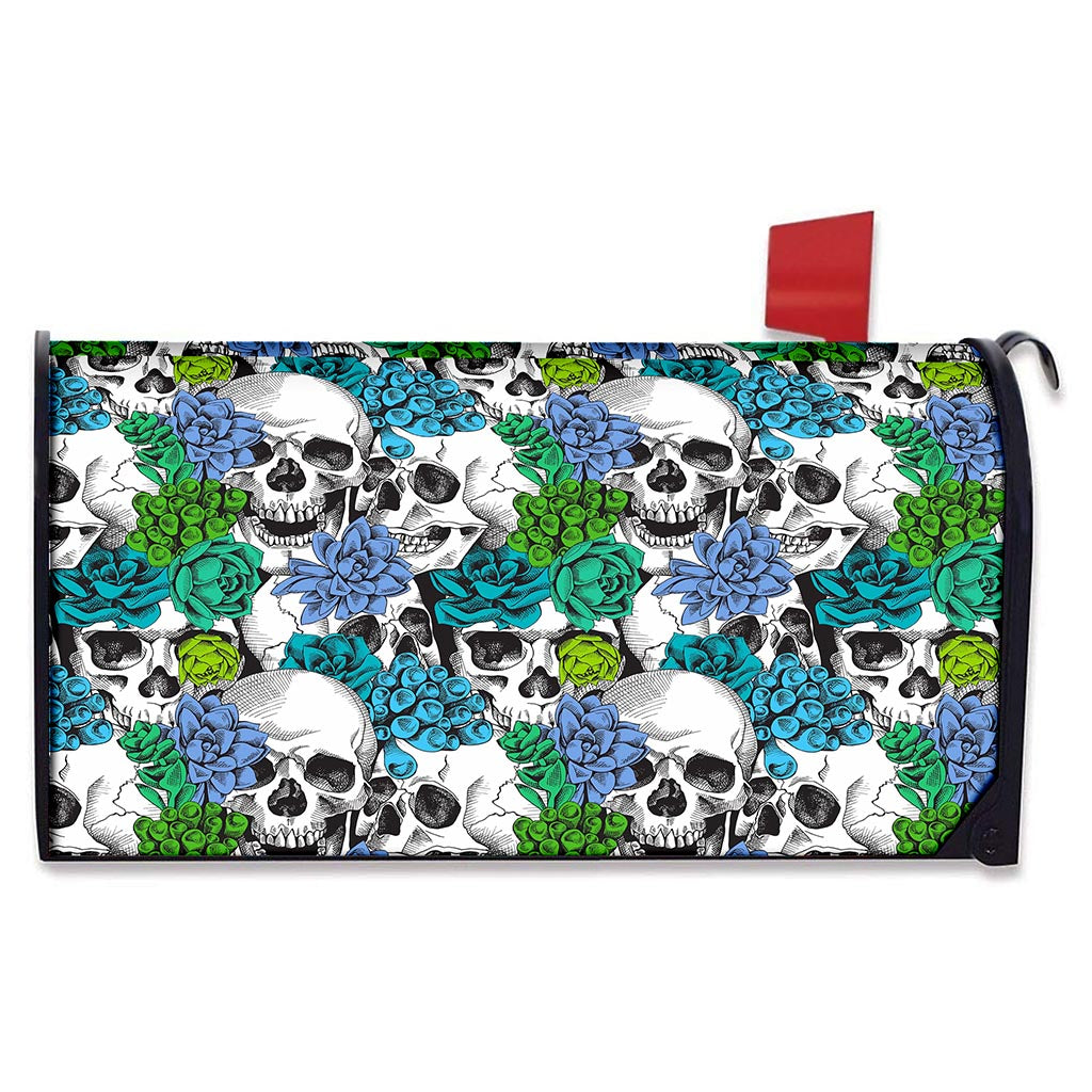 Green Blue Flowers Skull Pattern Print Mailbox Cover
