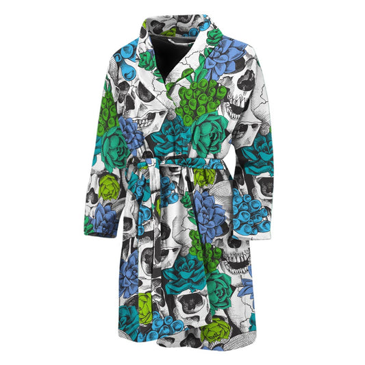 Green Blue Flowers Skull Pattern Print Men's Bathrobe