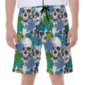 Green Blue Flowers Skull Pattern Print Men's Beach Shorts
