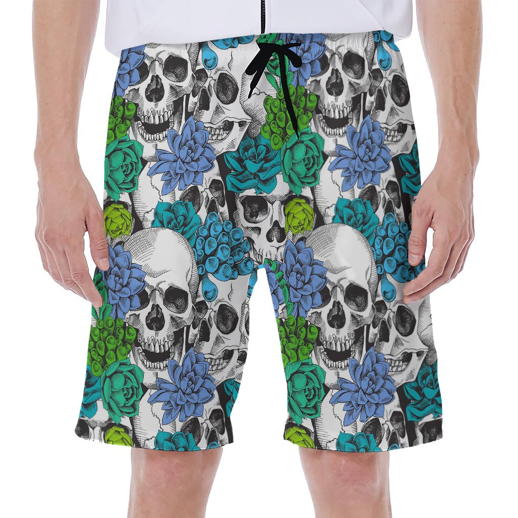 Green Blue Flowers Skull Pattern Print Men's Beach Shorts