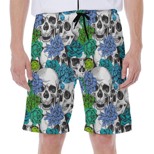 Green Blue Flowers Skull Pattern Print Men's Beach Shorts