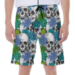 Green Blue Flowers Skull Pattern Print Men's Beach Shorts