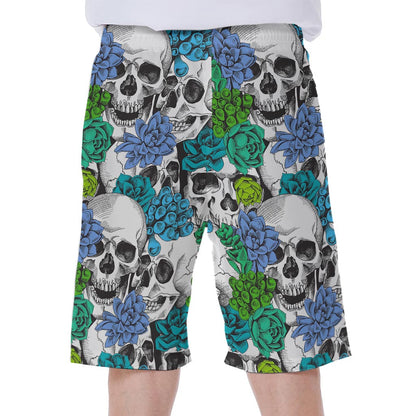 Green Blue Flowers Skull Pattern Print Men's Beach Shorts