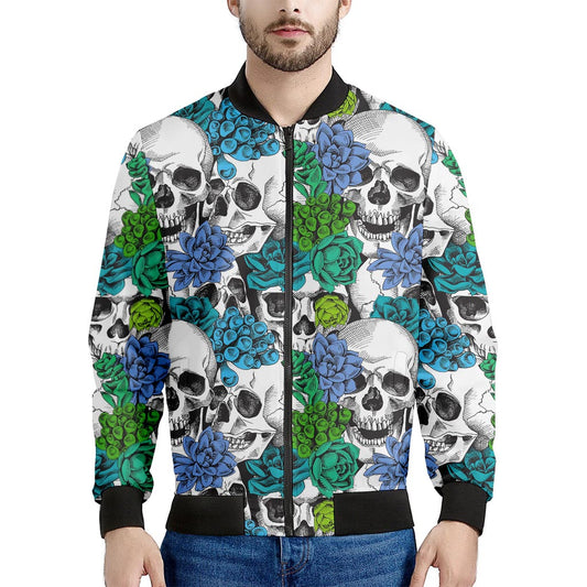 Green Blue Flowers Skull Pattern Print Men's Bomber Jacket