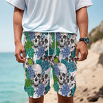Green Blue Flowers Skull Pattern Print Men's Cargo Shorts