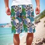 Green Blue Flowers Skull Pattern Print Men's Cargo Shorts