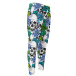 Green Blue Flowers Skull Pattern Print Men's Compression Pants