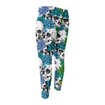 Green Blue Flowers Skull Pattern Print Men's Compression Pants