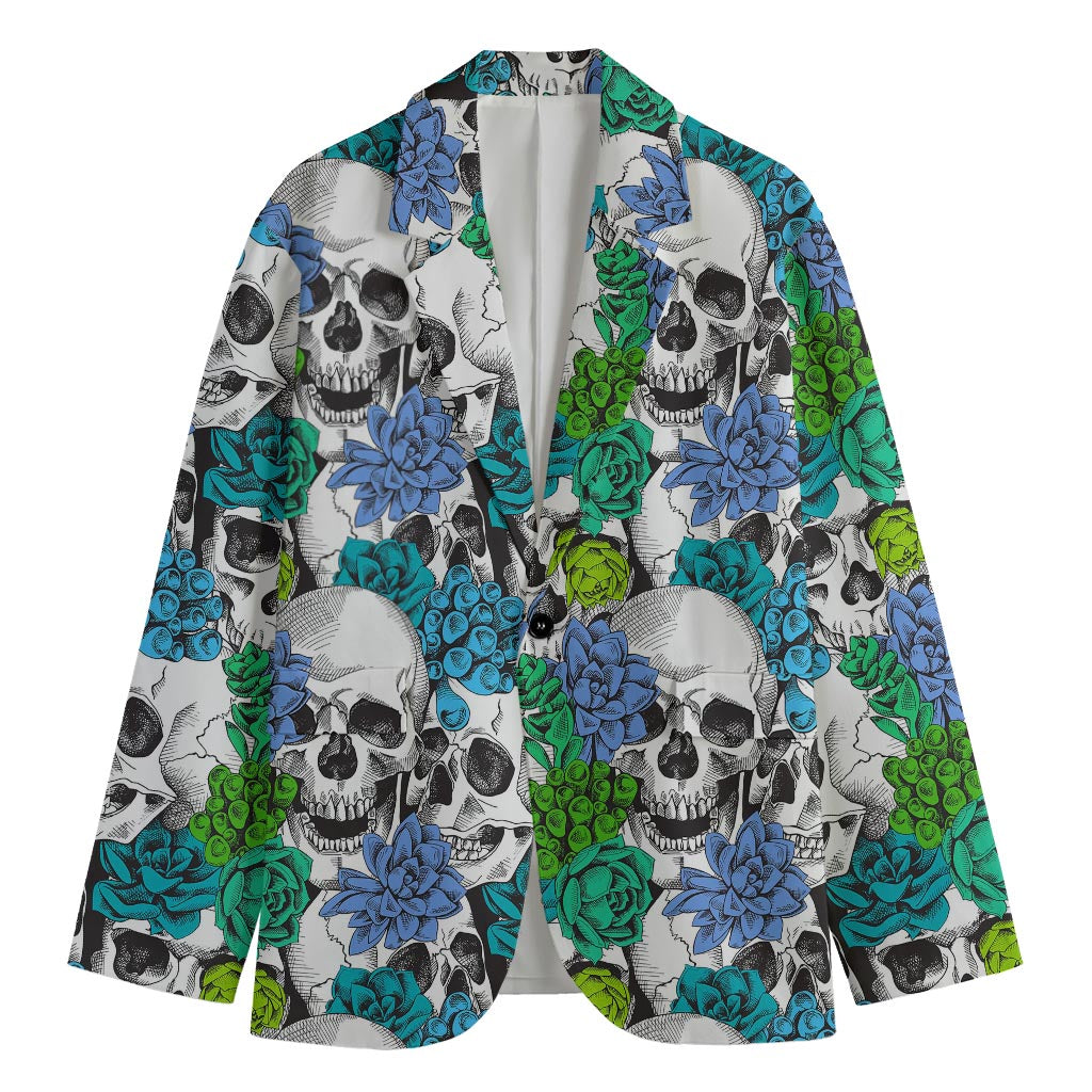 Green Blue Flowers Skull Pattern Print Men's Cotton Blazer
