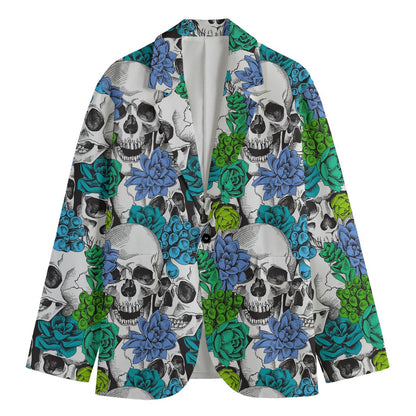 Green Blue Flowers Skull Pattern Print Men's Cotton Blazer