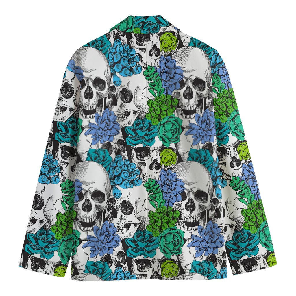 Green Blue Flowers Skull Pattern Print Men's Cotton Blazer