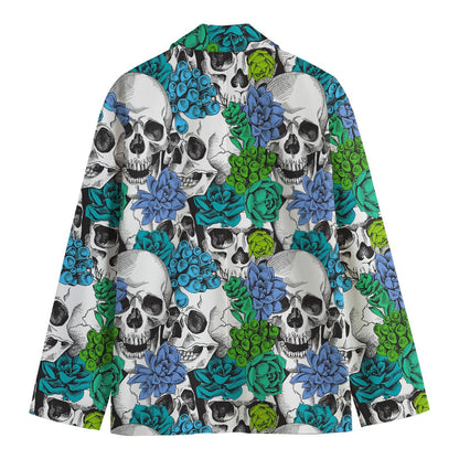 Green Blue Flowers Skull Pattern Print Men's Cotton Blazer
